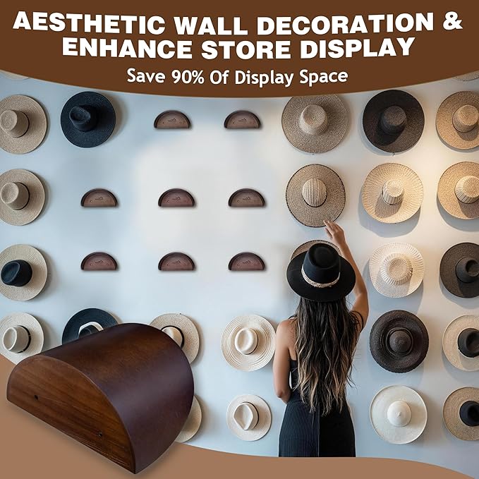 Cowboy Hat Holder Rack for Wall, 8 Pack Hat Hooks with Non-Damage Brim Design, Rustic Wood Hats Hanger on Wall to Keep Original Shape of Hats, for Home, Closet, Entryway, Cabin, Western Room Decor