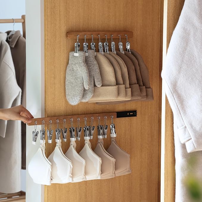 Pull Out Hat Rack for Closet, Sliding Hooks Hanger Rack with Clips for Bras Caps Underwear Socks Scarves Gloves Handkerchiefs, Dual Side 8 Clips Rail, 2 Pcs