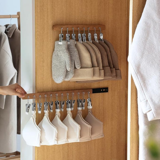 Pull Out Hat Rack for Closet, Sliding Hooks Hanger Rack with Clips for Bras Caps Underwear Socks Scarves Gloves Handkerchiefs, Dual Side 8 Clips Rail, 2 Pcs