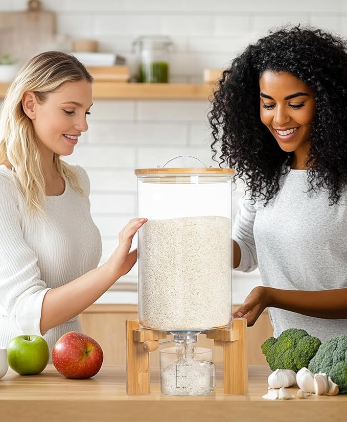 HBlife 18-22 Lbs Glass Rice Dispenser with Wooden Stand Flour and Cereal Container with Glass Measuring Cup Pantry Food Organization Storage Bin with Airtight Bamboo Lid, 11L