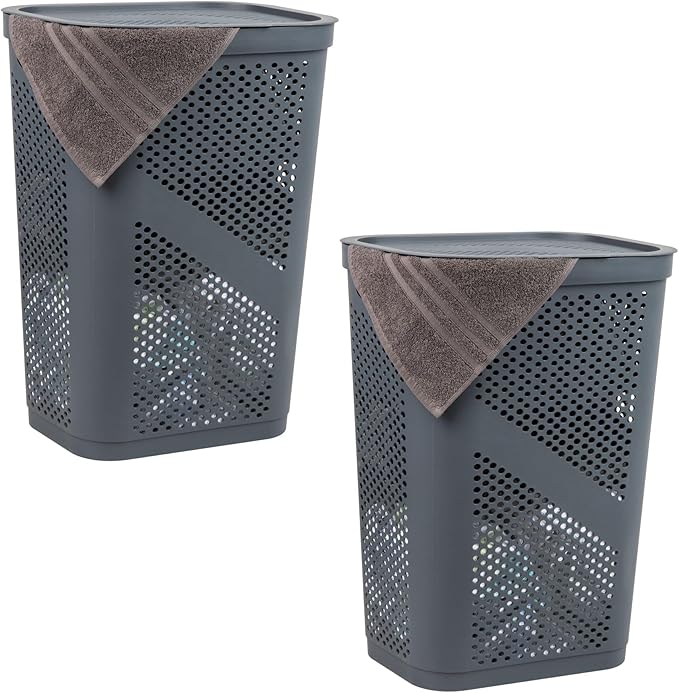 Mind Reader 60L Slim Laundry Hamper, Clothes Basket, Lid, Ventilated, Plastic, Set of 2, Gray