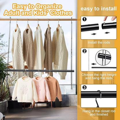 Hanging Closet Rod 31.89in, 6 Height Adjustable Closet Hanging Organizer, Heavy Duty Closet Extender Hanging Rod, Space Saving Clothes Hanging Bar Closet Poles for Hanging Clothes,Black