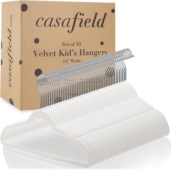 Casafield 50 Velvet Kid's Hangers - 14" Size for Children's Clothes - Ivory