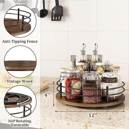 12" Lazy Susan Turntable Organizer,Round Wooden Lazy Susan Organization and Rotating Spice Rack for Dining Table,Pantry,Kitchen Countertop,Vanity,Cupboard and More. (Heightened Version,Round)