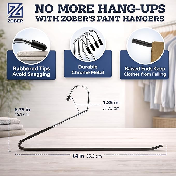 Zober Pants Hangers Non Slip - Open Ended Pants and Jean Hangers for Closet - Space Saving Clothes Hanger - Strong, Durable, Metal Pant Hangers (Black)
