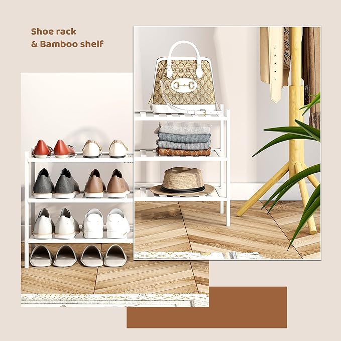 Bamboo Shoe Rack Stackable Shoe Shelf Storage Organizer for Unit Entryway Hallway and Closet Sturdy Freestanding Long Shoe Shelf(3L Tier White)