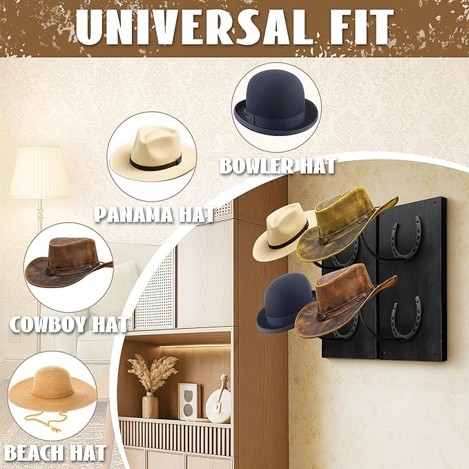 Montex Cowboy Hat Rack for Wall, Wooden Cowboy Hat Holder 4 Hats, Hanging Western Hat Rack, Hat Organizer with Horseshoe Mounts Western, Black