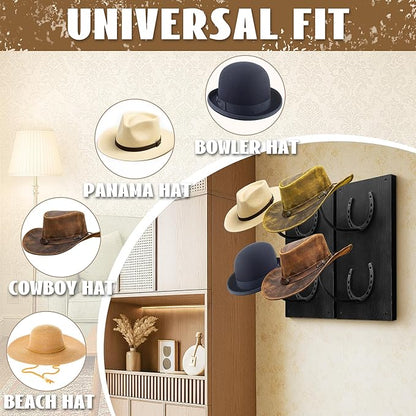 Montex Cowboy Hat Rack for Wall, Wooden Cowboy Hat Holder 4 Hats, Hanging Western Hat Rack, Hat Organizer with Horseshoe Mounts Western, Black