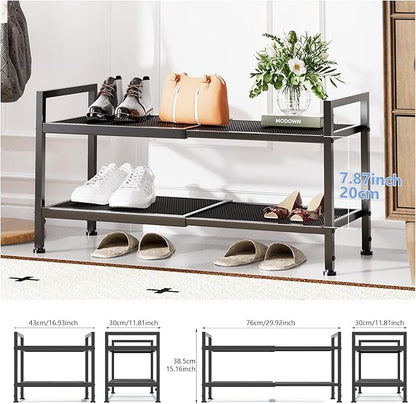 2 Tier Shoe Rack, Expandable Shoe Rack for Closet, Adjustable Shoe Organizer for Entryway, Shoe Storage Organizer for Door Entrance, Garage, Bedroom