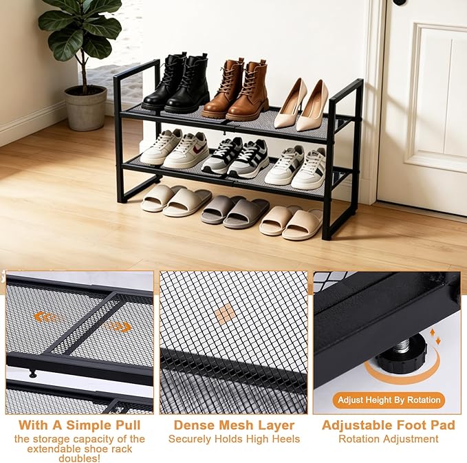Expandable Shoe Rack,2 Tier Adjustable Metal Shoe Shelf for Closet,Sturdy Free Standing Shoe Storage for Door Entrance,Bedroom,Small Spaces,Black