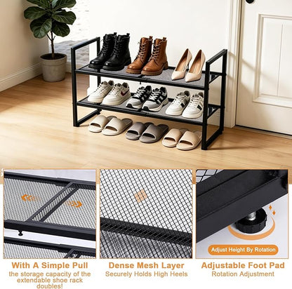 Expandable Shoe Rack,2 Tier Adjustable Metal Shoe Shelf for Closet,Sturdy Free Standing Shoe Storage for Door Entrance,Bedroom,Small Spaces,Black