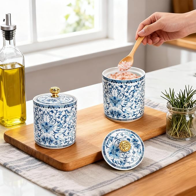 2 Pack Blue and White Porcelain Salt Cellar with Lid, Vintage Ceramic Salt Containers for Countertop, Small Airtight Salt Storage Box, Seasoning Holder, Spice Jars for Sugar, Candy, Herbs