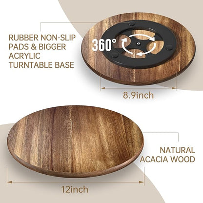 Lazy Susan for Table Top Bamboo Lazy Susan Turntable for Cabinet Kitchen Countertop Organizer for Condiment Bathroom Counter Organizer Decor Sink Tray Acacia Wood 12 Inch