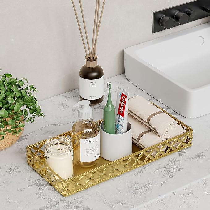 Bathroom Vanity Tray for Counter Organizer - 11 Inch Small Decorative Tray Gold Rectangle Countertop Tray for Perfume Makeup Cosmetic Jewelry