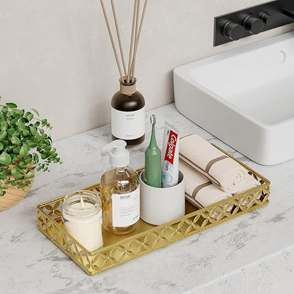 Bathroom Vanity Tray for Counter Organizer - 11 Inch Small Decorative Tray Gold Rectangle Countertop Tray for Perfume Makeup Cosmetic Jewelry