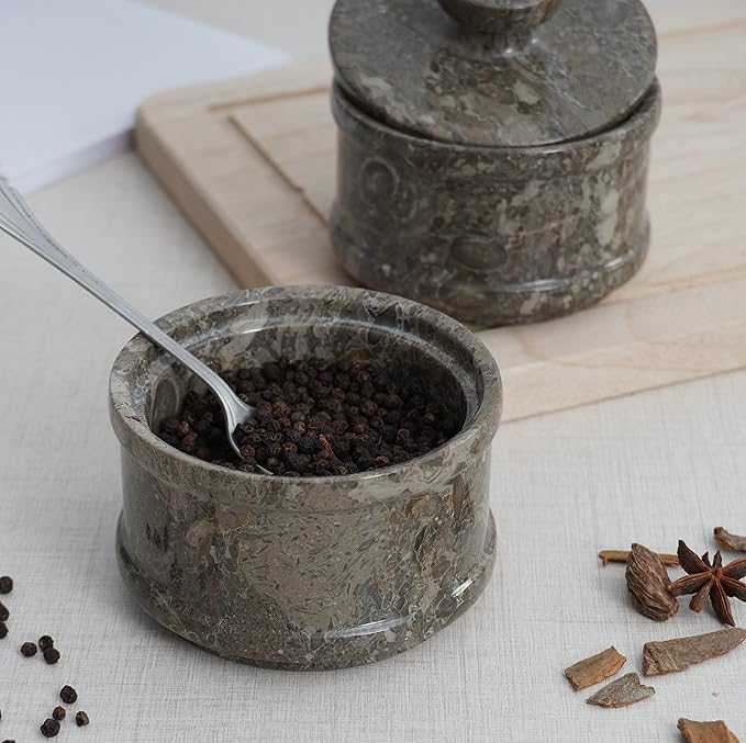 Radicaln Salt & Pepper Bowl – 5” Handmade Marble Oceanic Dual Salt Cellar With Lid – 2” Each Brown Sugar Keeper Spice Herbs Container Kitchen Accessories