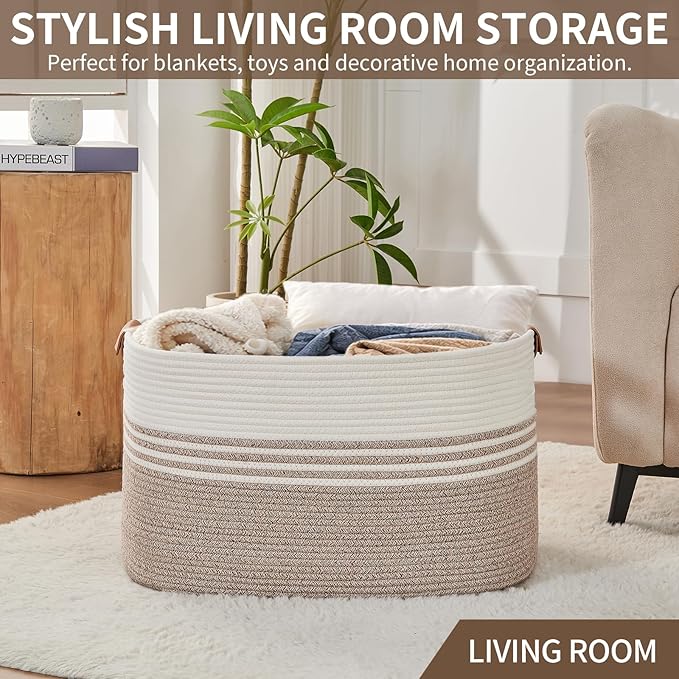 Extra Large Laundry Basket Hamper, 72L Cotton Rope Storage Bin for Blankets, Toys, Clothes, Decorative Nursery Hamper for Living Room, Baby Nursery, Bathroom, Bedroom, Kids Storage, Light Brown