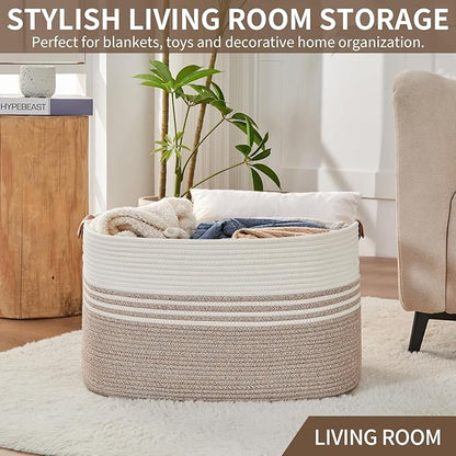 Extra Large Laundry Basket Hamper, 72L Cotton Rope Storage Bin for Blankets, Toys, Clothes, Decorative Nursery Hamper for Living Room, Baby Nursery, Bathroom, Bedroom, Kids Storage, Light Brown
