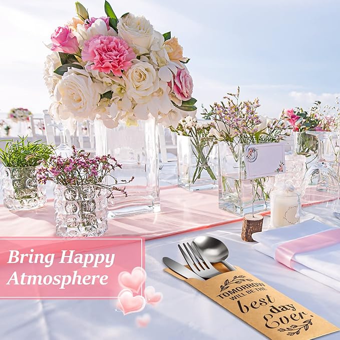 Gueevin 100 Pcs Tomorrow Will Be The Best Day Ever Wedding Paper Silverware Bags Cutlery Sleeves Kraft Utensils Bag Silverware Holder Pockets for Wedding Rehearsal Dinner Engagement Bride Shower Party