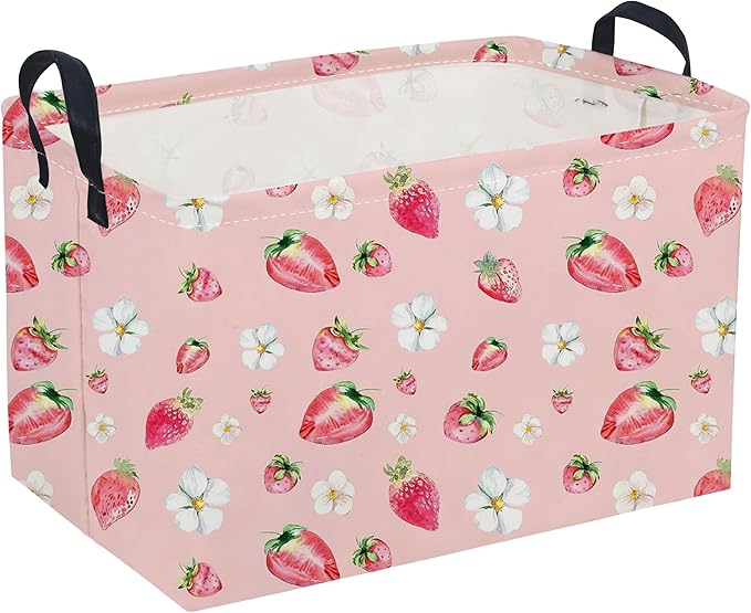 Sanjiaofeng Rectangular Strawberry Storage Baskets Baby Girl Basket Kids Baby Storage Basket Waterproof Collapsible Storage Bin Cute Organizer Box Girl Room Decor(Strawberry)