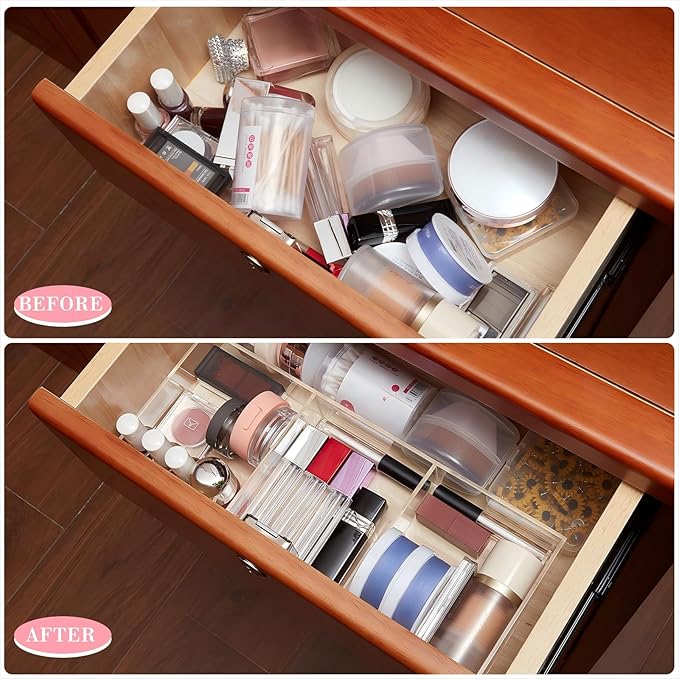 Chunful 2 Pieces Makeup Drawer Organizer 6 Section Clear Desk Organizer with Dividers 3 Section Acrylic Makeup Tray Divided Drawer Inserts Sectioned Tray Storage