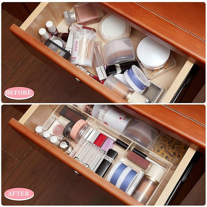 Chunful 2 Pieces Makeup Drawer Organizer 6 Section Clear Desk Organizer with Dividers 3 Section Acrylic Makeup Tray Divided Drawer Inserts Sectioned Tray Storage