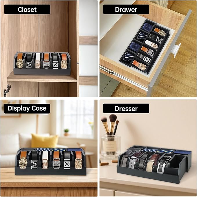 Wooden Belt Organizer, 10 Compartments Belt Organizer for Closet and Drawer, Stylish Belt Storage Display Holder for Men Women’s Belts, Ties, and Jewelry, Black