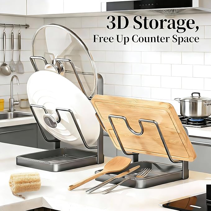 Kitchen Pot Lid Storage Rack, Steel Lid Holder with Removable Drip Tray, Double-Layer Countertop Organizer