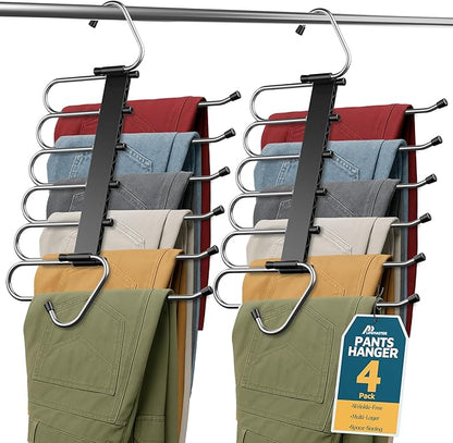Black Space Saving Pants Hangers 4 Pack, 6 Layer Jeans Hangers & Closet Organizer for Jeans, Scarves, Skirts, Multi-Layer Hanger with Anti-Slip Coating & Stopper, Heavy-Duty S-Type Stainless Steel
