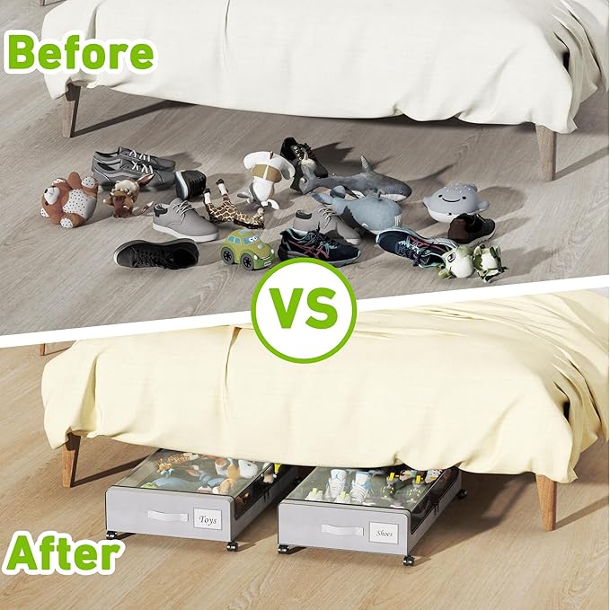 Tututry Under Bed Storage with Wheels, XXL 60L Under the Bed Storage Bins, Underbed Storage Containers with Lids & Label, Rolling Metal Drawer for Shoes, Clothes, Books, Toys (4-Pack Gray)