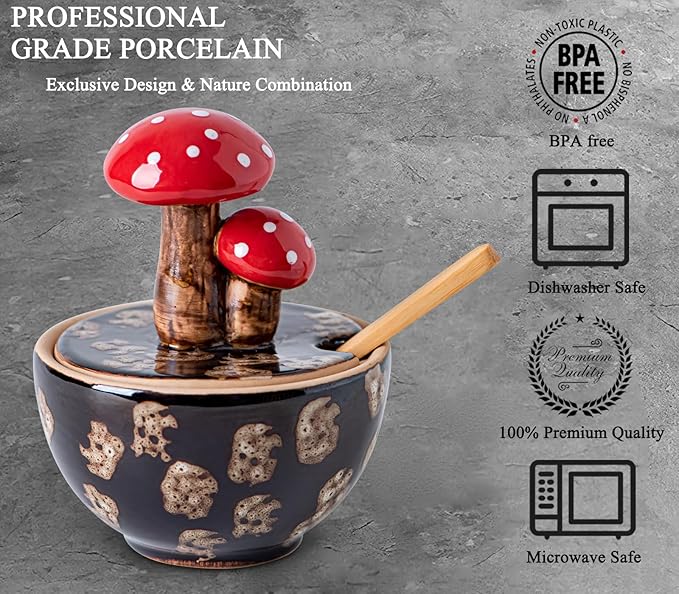 Brown Ceramic Mushroom Salt Cellar With Lid and Bamboo Spoon