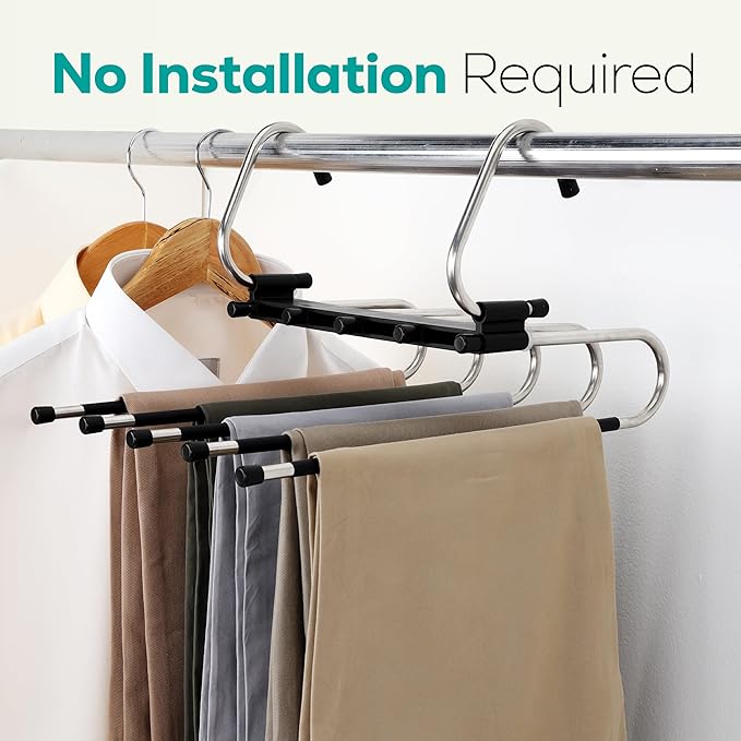 Utopia Home Pants Hangers, Space Saving 2 Pack Black Foldable Hangers with Clips for Clothes, Pants, Jeans, Skirts and Scarves, S-Type Stainless Steel Hook, Anti-Slip Hanger for Closet Organization