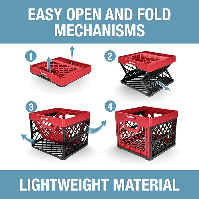 CleverMade Collapsible Milk Crate 25L (6.6 Gal), 50 lb Capacity Heavy Duty Folding Crate – Stackable Storage Crates with File Rails, Plastic Collapsible Crates - Red
