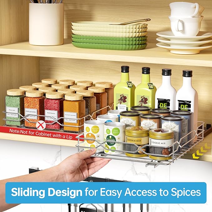 BOIVSHI Spice Rack Organizer for Cabinet, Heavy Duty Pull Out Spice Rack, Metal 1 Tier Spice Organizer for Cabinet, Kitchen, Pantry, Chrome, 8.5”W x 10.5”D x 2.3”H