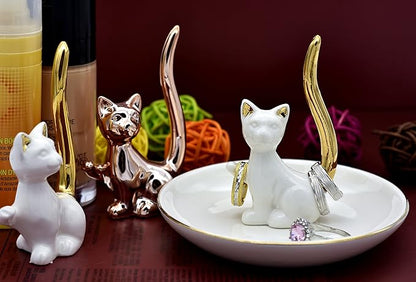 Love Cat Posture Ring Holder Jewelry Storage Dish Trinket Tray Decorative White Plated Golden Tail.