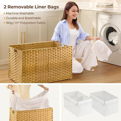 Greenstell Storage Basket with Lid, 160L Large Wicker Basket with Lid, Handwoven Blanket Storage Basket with Handles, Removable Cotton Liner, Metal Frame, Foldable for Bedroom, Laundry Room, Natural