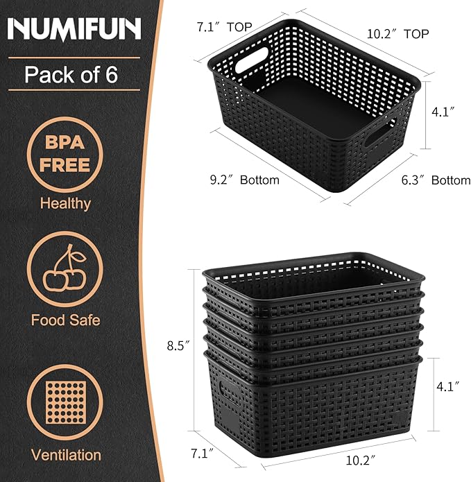 Plastic Storage Baskets 6 Pack Sturdy Storage Organizer Basket Woven Plastic Storage Bins for Shelves,Closet,Countertops, Desktops, Cabinets and Badrooms,Saving Storage, Stylish Design,Black