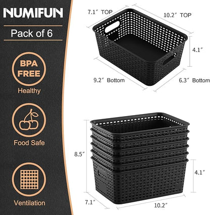 Plastic Storage Baskets 6 Pack Sturdy Storage Organizer Basket Woven Plastic Storage Bins for Shelves,Closet,Countertops, Desktops, Cabinets and Badrooms,Saving Storage, Stylish Design,Black