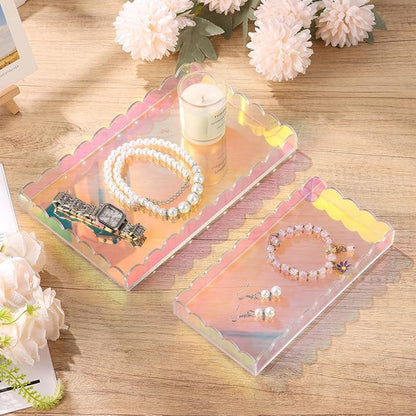 2 Pack Iridescent Acrylic Bathroom Vanity Tray 7.9" and 9.6",Colorful Soap Dispenser Decorative Scalloped Tray for Bathroom Kitchen Living Room Decor Vanity Perfume