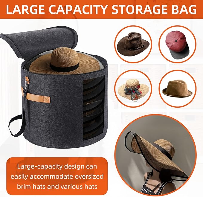 Large Hat Storage Box 19'' Hat Box for Large Hats, Hat Boxes for Women Storage Round Hat Boxes for Men Foldable Storage Box with Lid Felt Stuffed Animal Toy Storage Bin with Lid, Dark Gray