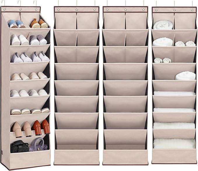 Door Shoe Organizer with 10 Extra Large Pockets, 23 Pairs Shoes Large Capacity Hanging Storage Organizer for Shoes, Diapers, Beige, 8 Layers, 4-Pack
