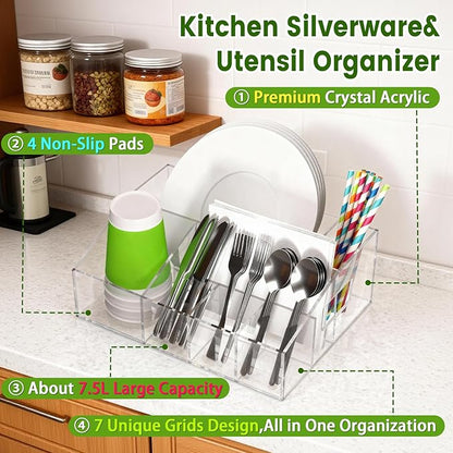 Acrylic Paper Plate Holder Organizer, Clear Utensil Caddy & Dispenser with Non-Slip Pads&7 Divided Grids for Kitchen, Party, Outdoor - Space-Saving Storage