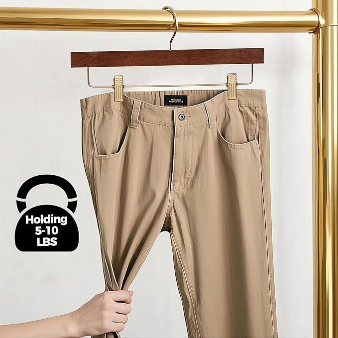 Quality Hangers Wooden Pants Hangers - 20-Pack Swivel Hook Cloth Hanger Set - Lotus Wood Skirt, Pant, Shorts and Slack Hangers with Adjustable Clip (Walnut - Gold Hook, 20)