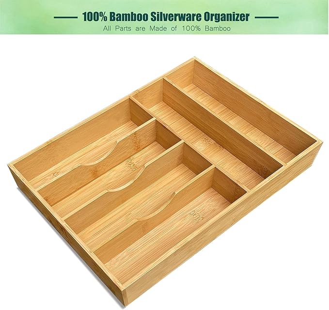 guiogc Bamboo Kitchen Drawer Organizer, 11.6" W x 17" H Silverware Utensil Tray Holder, Wood Cutlery Tray for Silverware, Flatware, Bedroom, Organization of office supplies