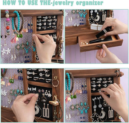 Jewelry Wall Organizer Wall Mounted, Jewelry Hanger Display Rack Earring with Drawers, for Earring/Stud/Ring/Necklace/Bracelets Accessories Bangles Holder Girls Gift (brown)