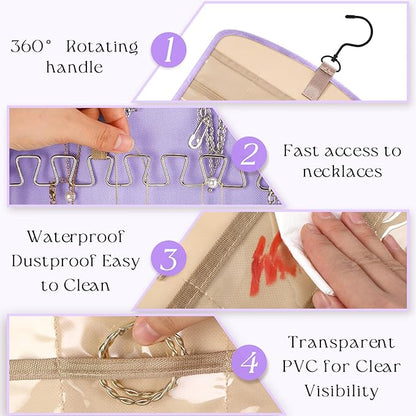 2 Pack Hanging Jewelry Organizer Storage with 39 Pockets, 30 Necklace Hooks Double Sided Wall Mount Earring Holder Organizer Bracelet Necklace Jewelry Display Hanger for Closet Door (Purple)