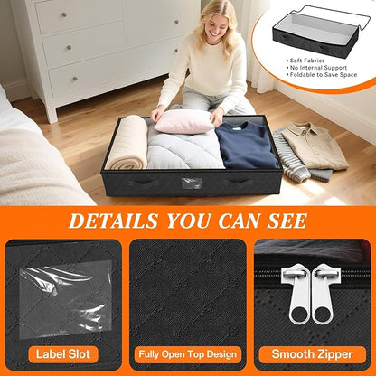 SpaceWhisper 90L Under Bed Storage Containers, 8-Pack Storage Bins with Clear Top, Foldable Closet Organizers and Storage with Label Holder for Clothing, Blankets, Comforter & Pillows(Black)