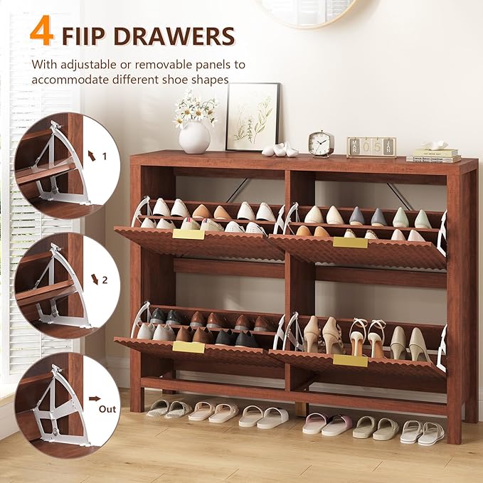 YOMILUVE Shoe Cabinet Storage for Entryway, Fluted Walnut Shoe Cabinet with 4 Flip Drawers, Hidden Shoe Rack Freestanding Wooden Shoe Organizer with Legs for Hallway