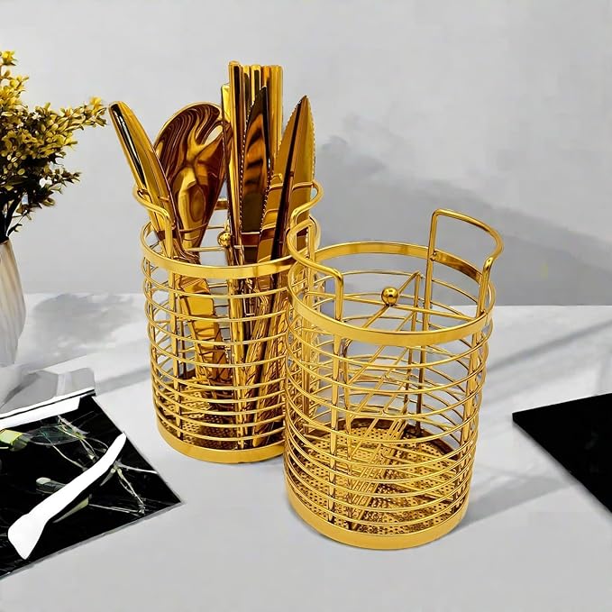 ZECNG Gold Kitchen Divided Organizer, Kitchen Countertop Holder for Serving Utensils, Stainless Steel Mesh Storage Baskets for Holding Knife Fork Spoon