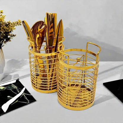 ZECNG Gold Kitchen Divided Organizer, Kitchen Countertop Holder for Serving Utensils, Stainless Steel Mesh Storage Baskets for Holding Knife Fork Spoon